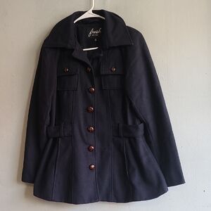 Women's small navy dark blue wool blend pea coat belted flare hem brown buttons
